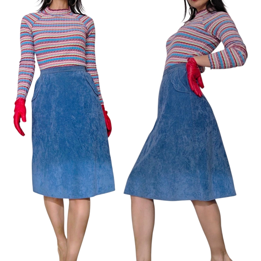 Vintage 70s Light Blue Velvet A-Line Midi Skirt Size XS